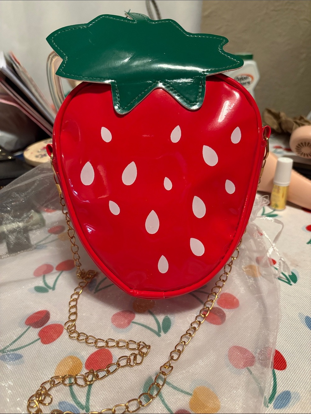 Novelty Strawberry Crossbody Bag with Gold Chain - Red and Green